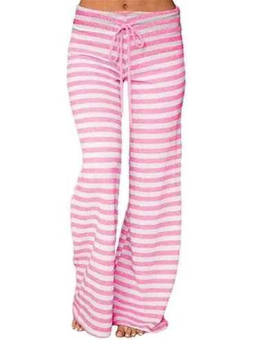 Bottoms Women's Pajama Lounge Pants Women's Stretch Comfy Striped Drawstring Wide Leg High Waisted Pajama Pants - Pink - CW19...