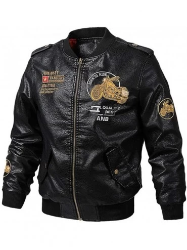 Thermal Underwear Men's Leather Moto Coat Casual Long Sleeve Zip-Up Appliqué Cotton Baseball Jacket - Black - C318A96DCAS $42.02