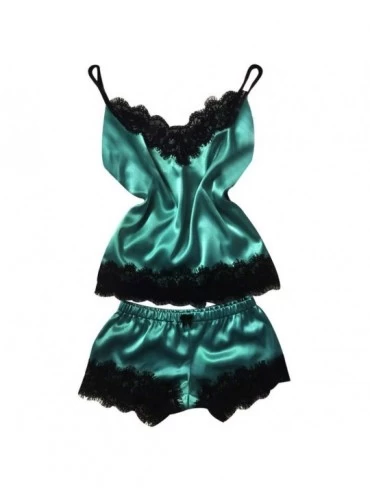 Sets Sleepwear for Women Lingerie Camisole Bow Shorts V-Neck Lace Pajamas Set - Blue - CN194ARQIS0 $62.22