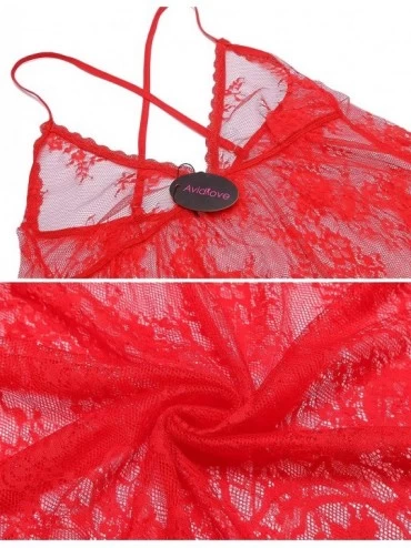 Baby Dolls & Chemises Women Lace Babydoll Lingerie Sexy Nightdress Mesh Chemise V Neck Sleepwear - Red - CF187Q78Y02 $10.13