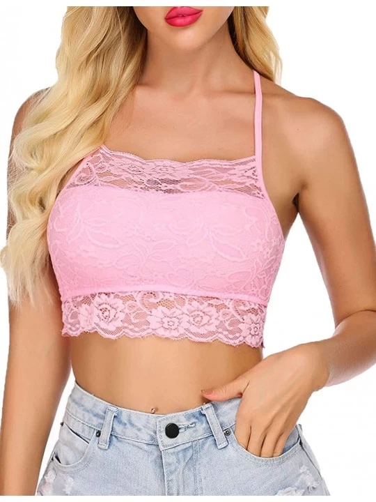 Bras Sexy Bralettes for Women High Neck Lace Camisoles Double-Layered Crop Top - Pastel Pink - C0197QNW6I2 $18.16