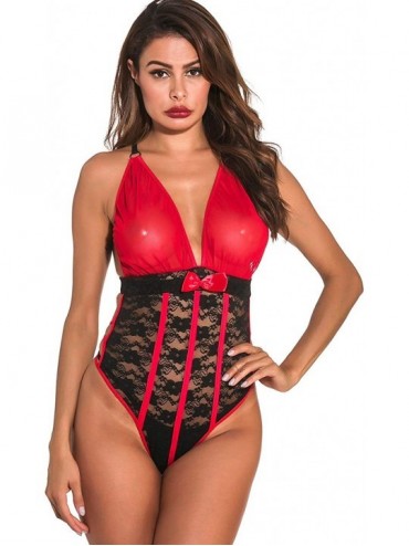 Baby Dolls & Chemises Sexy Lingerie for Women V Neck Lace Teddy Bodysuit Sets with Garter Belts G-String and Stockings - 2 Re...