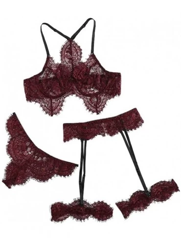 Sets Womens Sexy Exquisite Lace Lingerie Bra+Garter+Briefs Babydoll Cut Out Sleepwear Underpants Pajama Nightwear Wine Red - ...