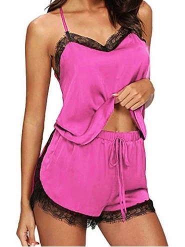 Sets Women Sleepwear Sleeveless Strap Nightwear Lace Trim Satin Cami Top Pajama Sets Nightgown Lingerie Bodysuits Hot Pink - ...