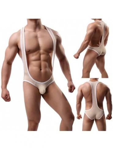 G-Strings & Thongs Men's Ice Silk One-Piece Jockstrap Leotard Underwear Body Shaping Bodysuit Corset - Apricot Color - CP18XA...