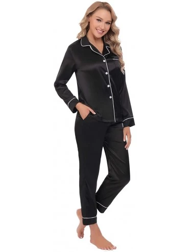 Sets Women's Satin Pajamas Sets Long Sleeve Button Down Top & Bottoms - Black - CG1904N5R9W $22.63