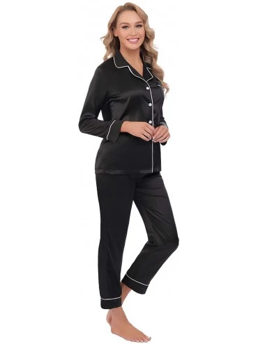 Sets Women's Satin Pajamas Sets Long Sleeve Button Down Top & Bottoms - Black - CG1904N5R9W $22.63