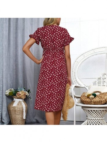 Bottoms Women Skirt Short Sleeve Wrap Boho Floral Midi Dress Ladies Summer Sundress Holiday - Wine - CR18QH4W6NH $43.14