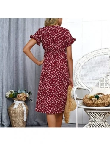 Bottoms Women Skirt Short Sleeve Wrap Boho Floral Midi Dress Ladies Summer Sundress Holiday - Wine - CR18QH4W6NH $20.71