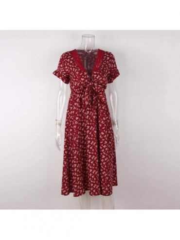 Bottoms Women Skirt Short Sleeve Wrap Boho Floral Midi Dress Ladies Summer Sundress Holiday - Wine - CR18QH4W6NH $50.62