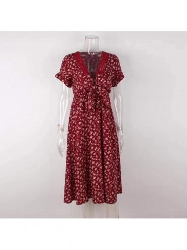 Bottoms Women Skirt Short Sleeve Wrap Boho Floral Midi Dress Ladies Summer Sundress Holiday - Wine - CR18QH4W6NH $20.71