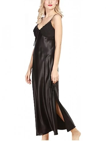 Nightgowns & Sleepshirts Women's Lingerie- Ladies Satin Pajamas Lace Nightwear- Long Nightdress - Black - CO18C5TLXL2 $21.04