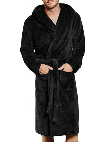 Robes Mens Hooded Robe - Plush Shawl Kimono Bathrobe - Black - CN18KXEK0S9 $91.53
