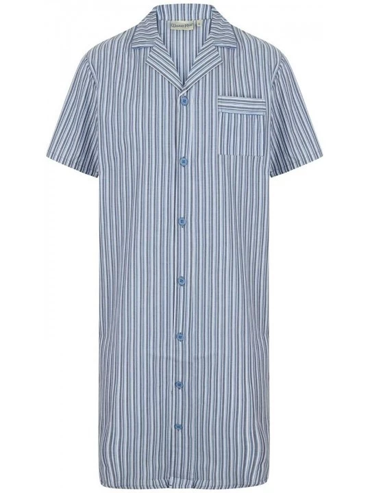Sleep Tops Mens Striped Nightshirt 100% Cotton Button Through Traditional Nightwear (Blue or Red) - Blue - CP18UALH05N $37.22