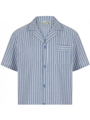 Sleep Tops Mens Striped Nightshirt 100% Cotton Button Through Traditional Nightwear (Blue or Red) - Blue - CP18UALH05N $37.22