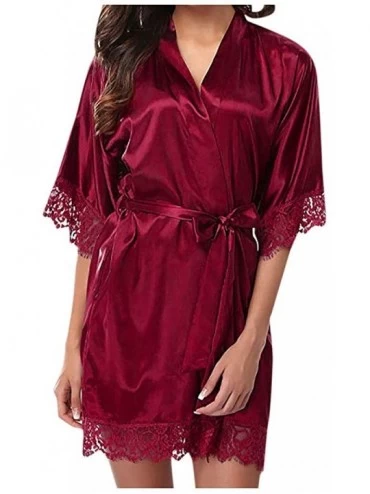 Robes Women Satin Robe Sexy Lace V-Neck Floral Silky Kimono Bathrobe Nightgown Sleepwear - Wine - C6194TE2I2Y $23.90