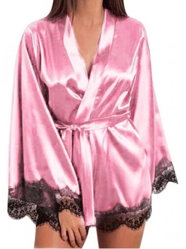 Bustiers & Corsets Women Lingerie Sexy Black Belt Silk Satin Kimono Robe Lace Bathrobe Sleepwear Pajamas - Z-pink - C81948282...