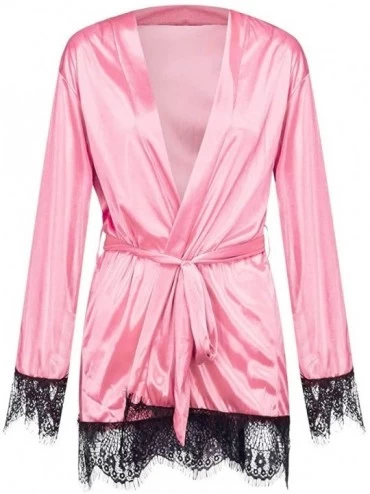 Bustiers & Corsets Women Lingerie Sexy Black Belt Silk Satin Kimono Robe Lace Bathrobe Sleepwear Pajamas - Z-pink - C81948282...