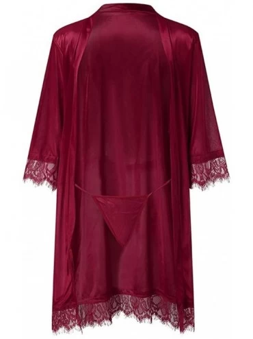 Robes Women Satin Robe Sexy Lace V-Neck Floral Silky Kimono Bathrobe Nightgown Sleepwear - Wine - C6194TE2I2Y $11.64