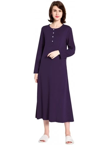 Nightgowns & Sleepshirts Cotton Knit Long Sleeve Nightgown for Women- Henley Full Length Sleep Dress - Purple - CE18Q6IMI0W $...