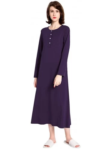 Nightgowns & Sleepshirts Cotton Knit Long Sleeve Nightgown for Women- Henley Full Length Sleep Dress - Purple - CE18Q6IMI0W $...