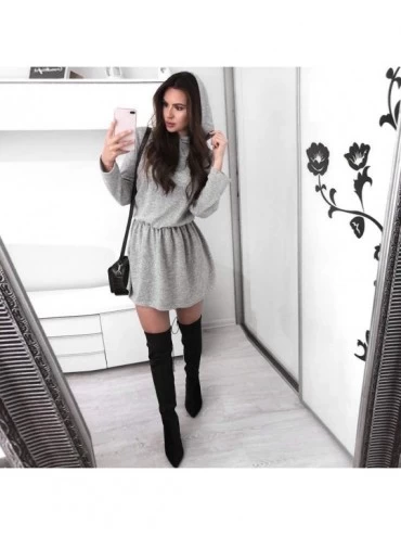 Slips Womens Mini Hooded Dress Solid Color Long Sleeve Casual Pullover Tops Dresses - Gray - C4193NQ9ESS $15.72