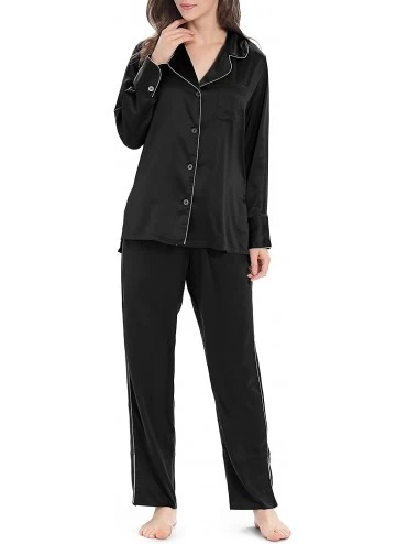 Sets Womens Pajamas Set- Satin Pajamas Button-Down Long Sleeve Silk Pajama Sleepwear Loungwear Set S~XL - Black - C218G9R3WDS...