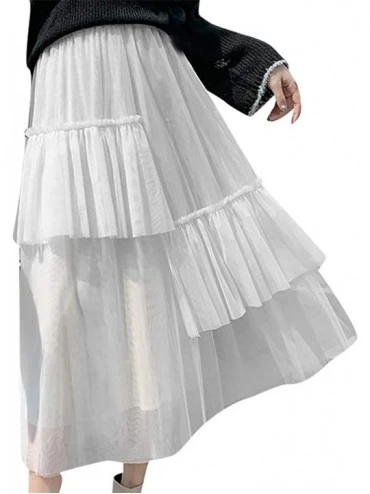 Slips Womens Tulle Skirt Mesh High-Waist Asymmetry Mid-Length Puff Flowy Petticoat Skirt Ball Gown - White - C3193XSKIGR $19.15
