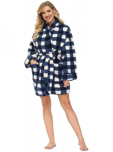 Robes Womens Womens Soft Plush Bath Robes Fluffy Towels Shawl Coolar Knee Length Bathrobe Fleece Sleepwear Plaid One Size - C...