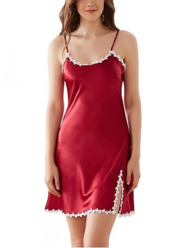 Nightgowns & Sleepshirts Women's Slim Silky Nightgown Short Camisole Lingerie Luxury Solid Slip Sleep Dress - Red - CK18W3LWH...