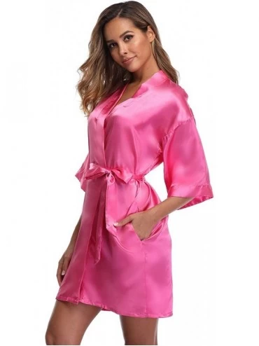 Robes Women's Short Kimono Robe Dressing Gown Silky Bridesmaid Robes Bathrobe - Hot Pink - C118NAMRYAC $26.51