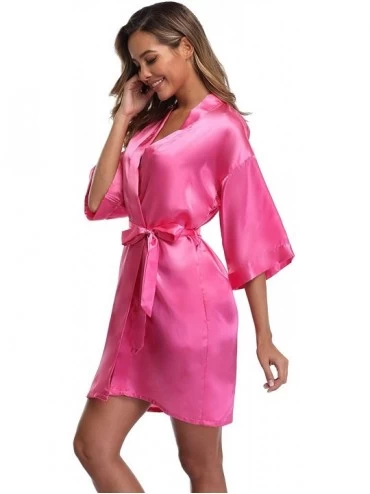 Robes Women's Short Kimono Robe Dressing Gown Silky Bridesmaid Robes Bathrobe - Hot Pink - C118NAMRYAC $10.46