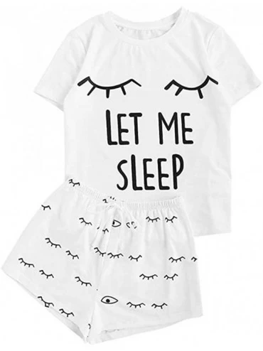 Sets Women's 2 Piece Outfits- Women's Cat Print Ruffles Short Pajama Set Sleepwear Pajama Sleep Set - White - CU18WX8KOE4 $16.09