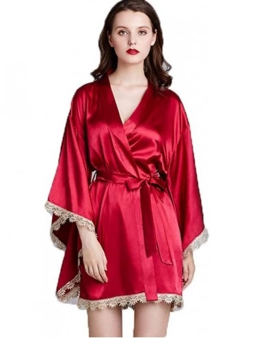 Robes Women Kimono Bride Robes lace Wide Sleeve Sleepdress Sleepwear Satin Nightwear Bathrobe Gown - B - CV1960Z0062 $52.58