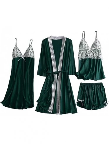 Slips 4Pcs Women's Silk Satin Bathrobe Pajamas Nightgown Kimono Lace Sleepwear Babydoll Nightdress with Shorts Sets - Green -...