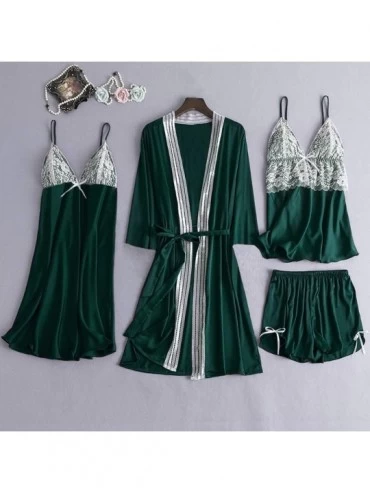 Slips 4Pcs Women's Silk Satin Bathrobe Pajamas Nightgown Kimono Lace Sleepwear Babydoll Nightdress with Shorts Sets - Green -...