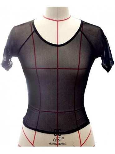 Garters & Garter Belts Women's Lingerie Sheer Mesh See-Through Short Sleeve Crop Tops Bodysuit Casual T Shirt - Black - CR193...