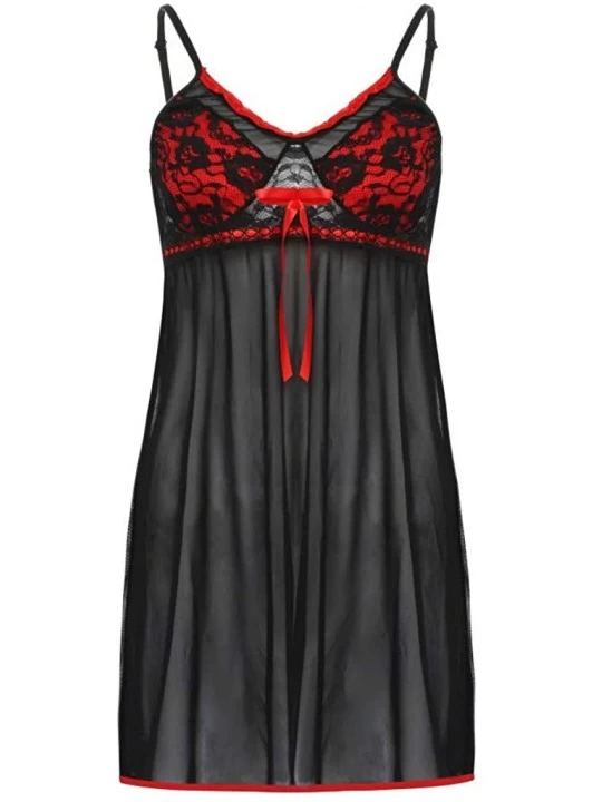 Baby Dolls & Chemises Women Lace Sleepwear Chemises V-Neck Full Slip Babydoll Nightgown Plus Size Lingerie Dress - Red - CB19...