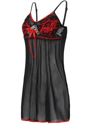 Baby Dolls & Chemises Women Lace Sleepwear Chemises V-Neck Full Slip Babydoll Nightgown Plus Size Lingerie Dress - Red - CB19...