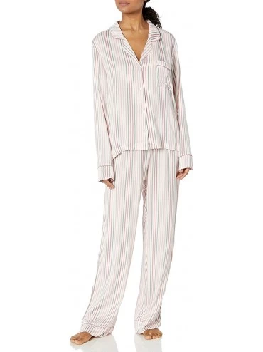 Sets Women's Button Up Long Sleeve Top and Bottom Classic Pajama Set Pj - Pink and Grey July Stripe - CG18TGKMC6M $81.48