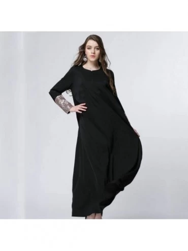 Slips Ladies Women Long Dress O-Neck Solid Loose Long Sleeve Sequin Patchwork Sleeve Muslim Custom Maxi Dresses for Women - B...