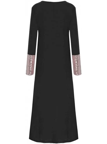 Slips Ladies Women Long Dress O-Neck Solid Loose Long Sleeve Sequin Patchwork Sleeve Muslim Custom Maxi Dresses for Women - B...