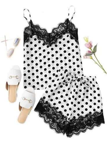 Bras Women Sleepwear Sleeveless Strap Nightwear Lace Trim Satin Cami Top Pajama Sets - F-black - CA18U8OZG3Z $13.44