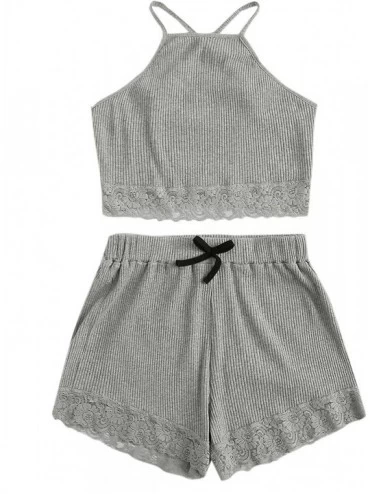 Sets Women's Ribbed Knit Pajamas Sets Lace Halter Cami Crop Tops and Shorts - Grey - CQ194CAAYTE $31.42
