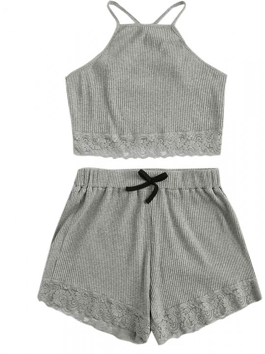 Women's Ribbed Knit Pajamas Sets Lace Halter Cami Crop Tops and Shorts ...