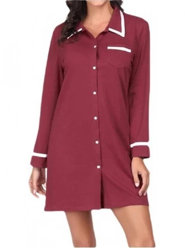 Nightgowns & Sleepshirts Women Long Sleeve Nightgowns Sleepwear Button Down Sleep Shirt Dress - Wine Red - CO19DC9UGW9 $57.21