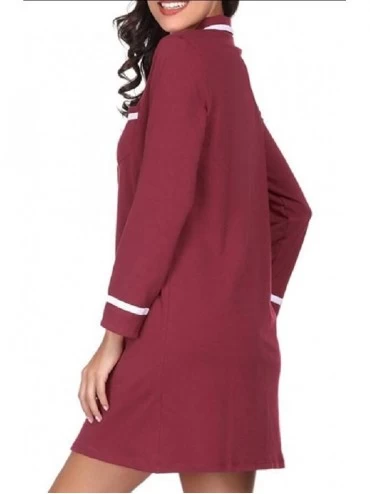 Nightgowns & Sleepshirts Women Long Sleeve Nightgowns Sleepwear Button Down Sleep Shirt Dress - Wine Red - CO19DC9UGW9 $37.64