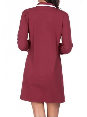 Nightgowns & Sleepshirts Women Long Sleeve Nightgowns Sleepwear Button Down Sleep Shirt Dress - Wine Red - CO19DC9UGW9 $37.64
