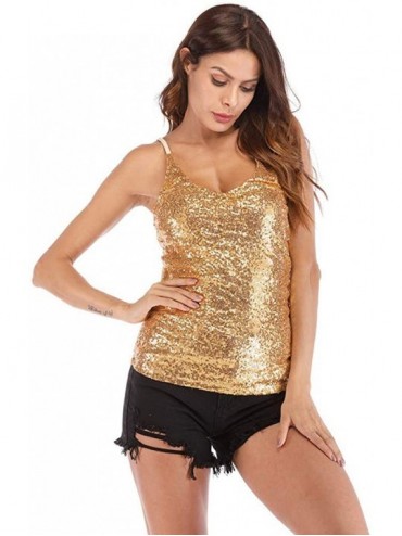Thermal Underwear Women's Summer Sequin Vest Sleeveless U-Neck Beaded Backless Top Sling T-Shirt - C7-gold - CK1947ZYAE5 $31.18