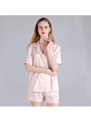 Sets Women Silk Satin Soft Pajama 2pc Set Button Down Sleepwear Loungewear for Bride and Bridesmaids - Blush Short Set - CA19...